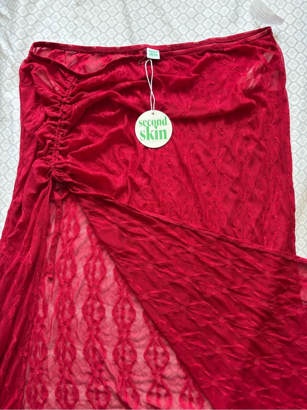 Second Skin Red Sheer Ruched Maxi Skirt